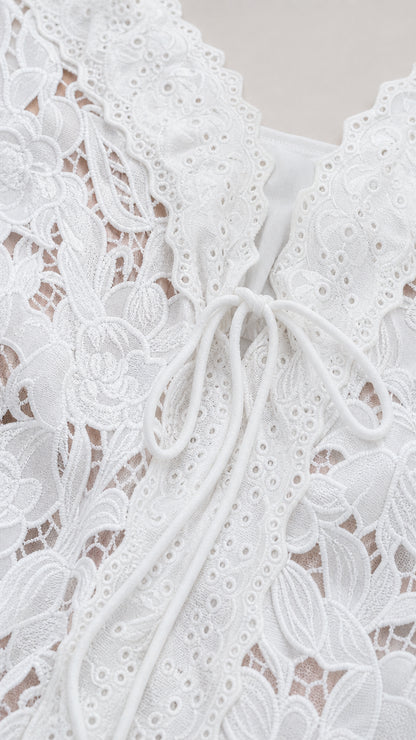 Close-up detail of white floral lace texture, embroidered scalloped neckline, and tie front