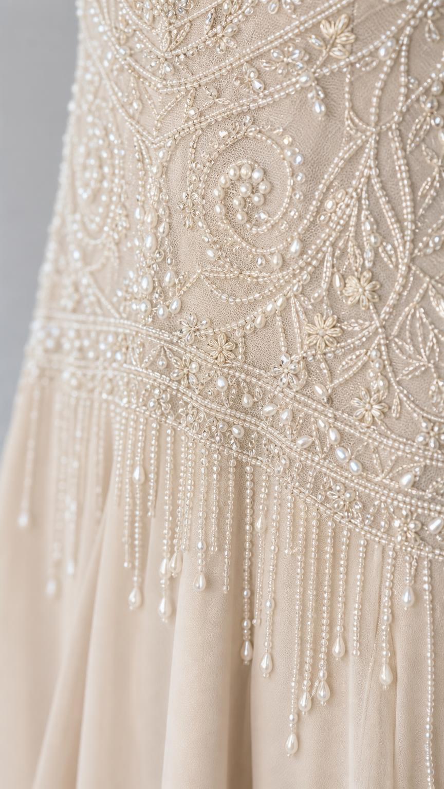 Close-up detail of intricate bodice beadwork and pearls