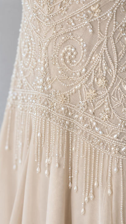 Close-up detail of intricate bodice beadwork and pearls