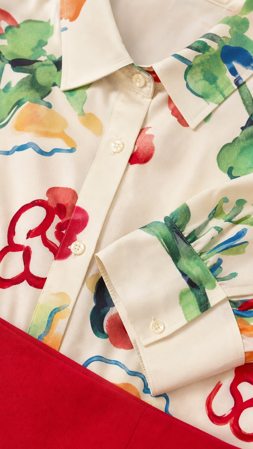 Close up of shirt collar, buttons, and cuff details