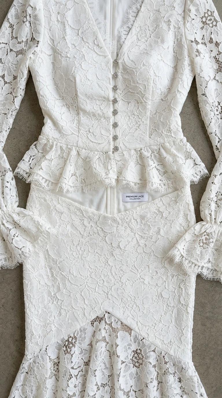 Close-up flat lay of white lace dress bodice and button details