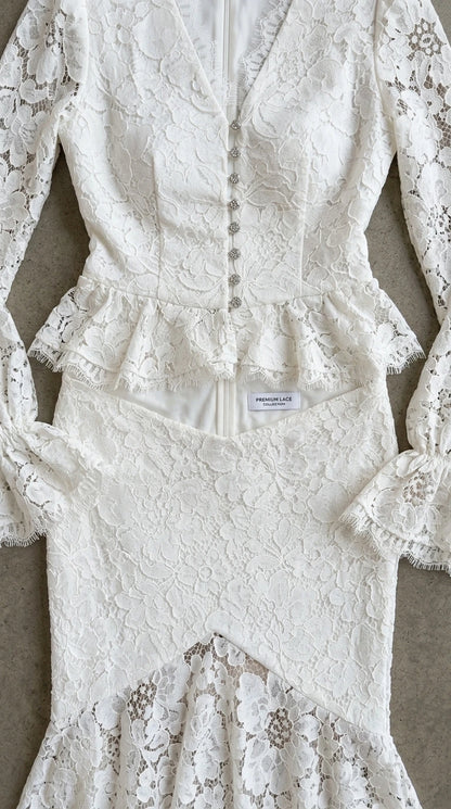 Close-up flat lay of white lace dress bodice and button details
