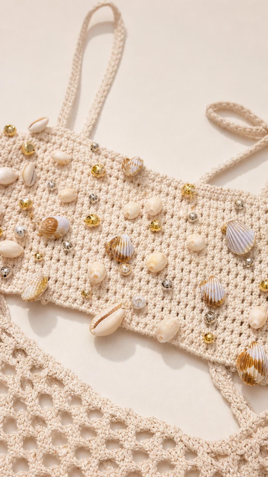 Close-up detail of seashell and bead bodice embellishments