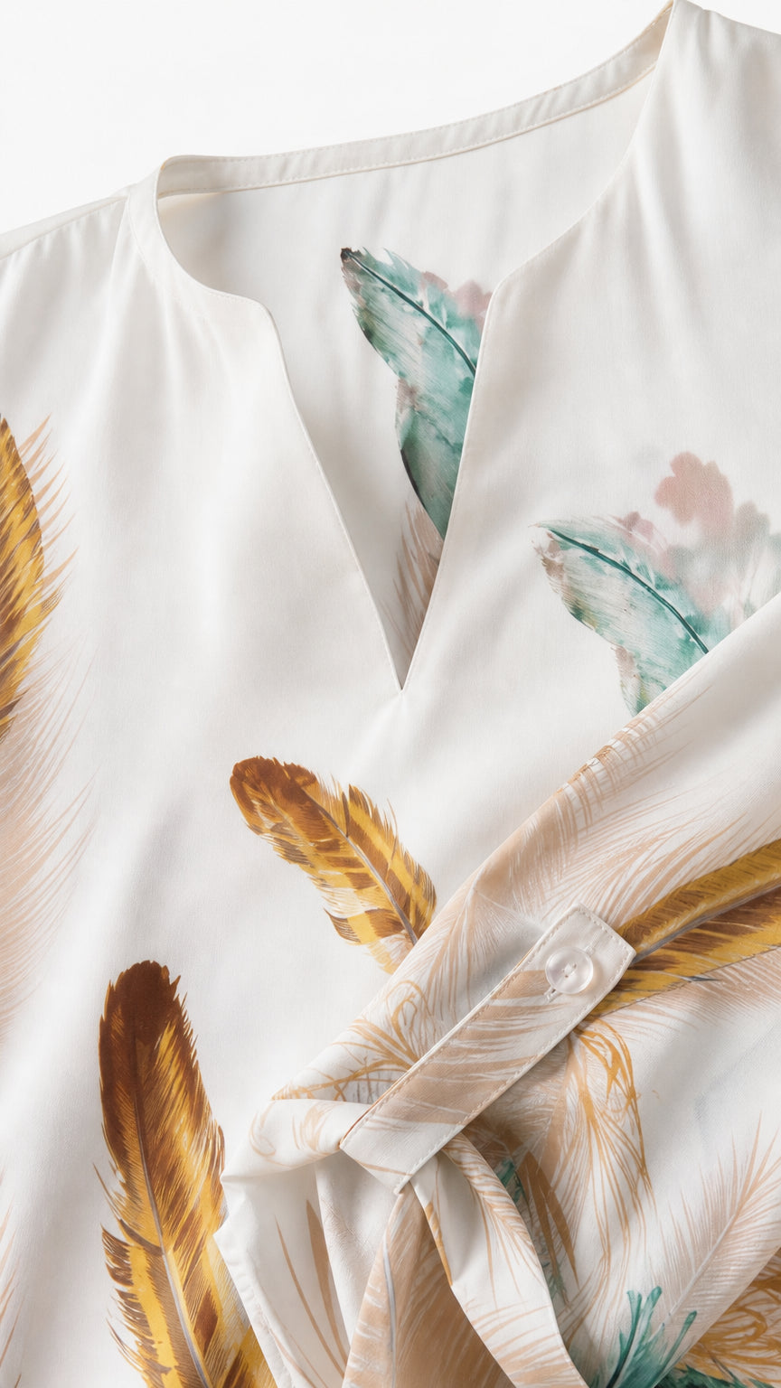 Close-up detail of V-notch neckline and sleeve button tab on white feather dress