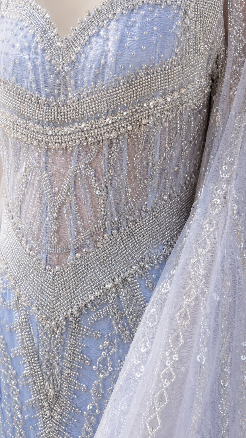 Close-up detail of intricate pearl and sequin embroidery on Sky Blue gown bodice