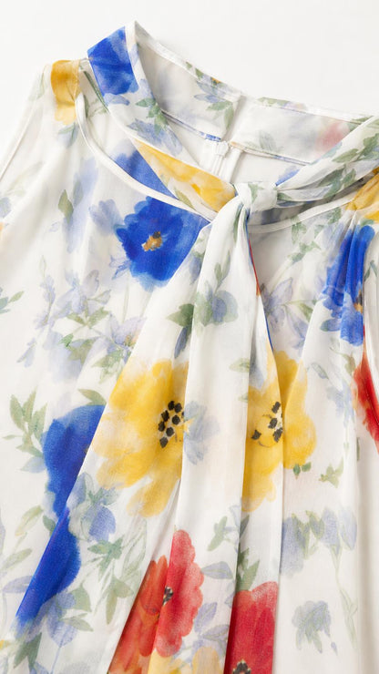 Close-up of fabric texture and watercolor floral pattern near neckline