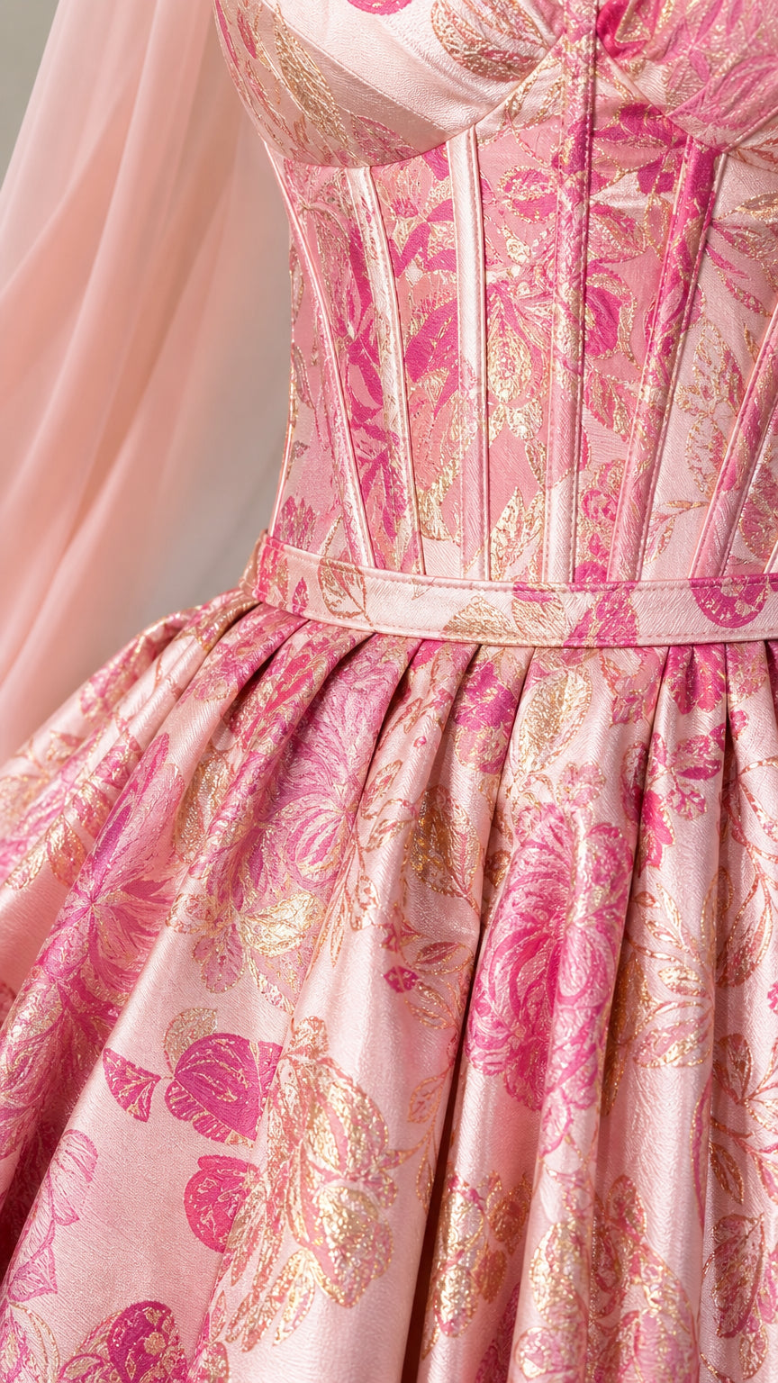 Close-up detail of the structured corset bodice and metallic floral fabric