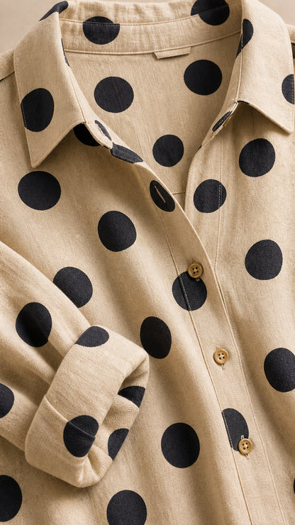 Close-up detail of collar, buttons, and sleeve cuff of beige polka dot dress