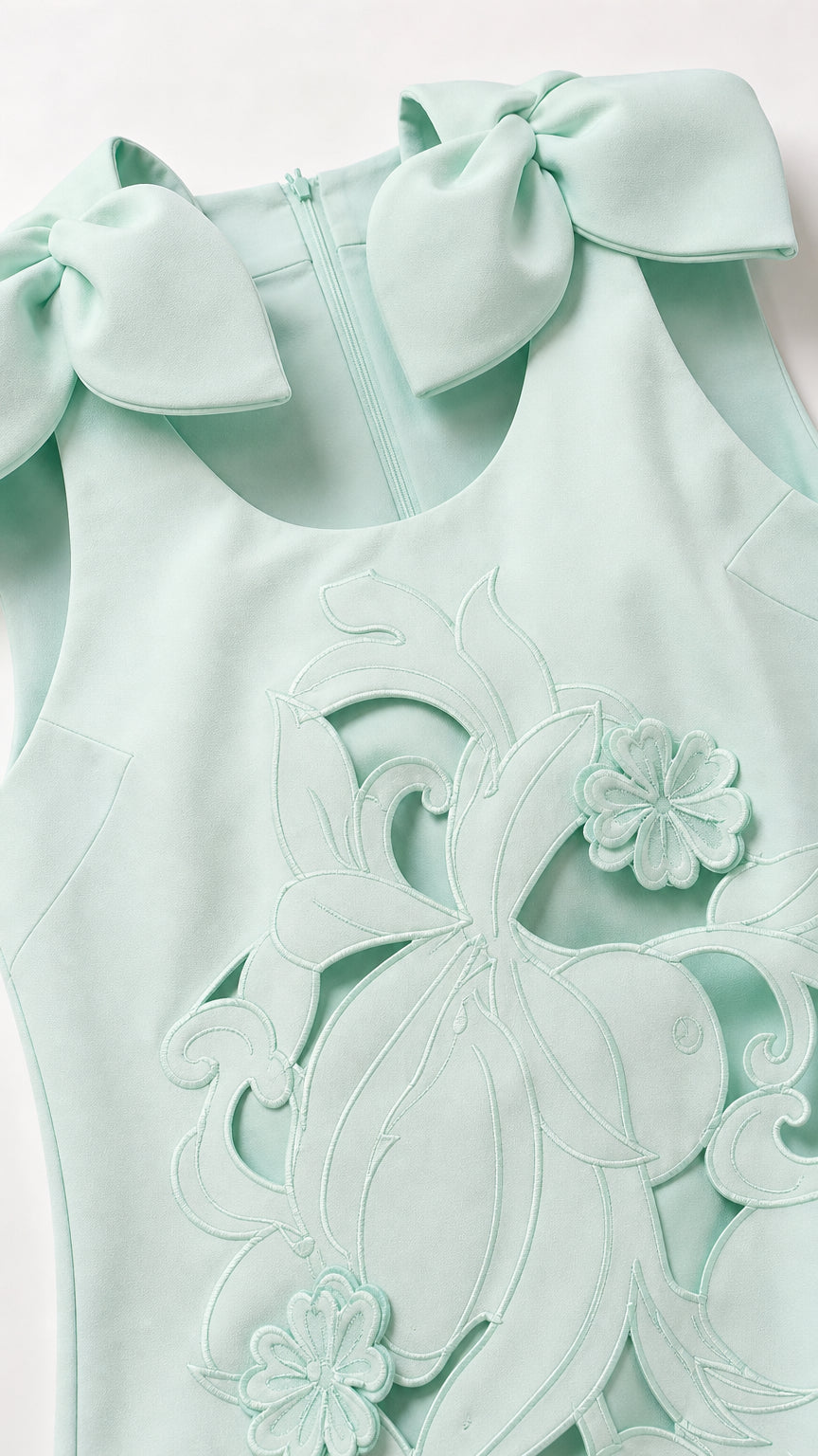 Close up of shoulder bow and floral cutout details in mint