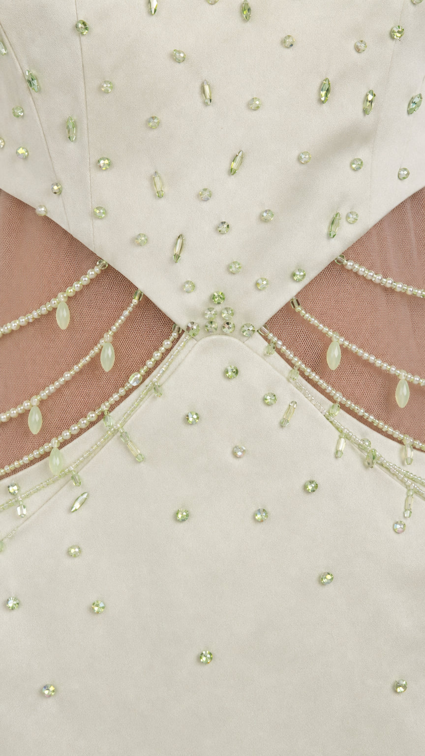 Close-up detail of crystal beadwork and mesh cutout on the dress