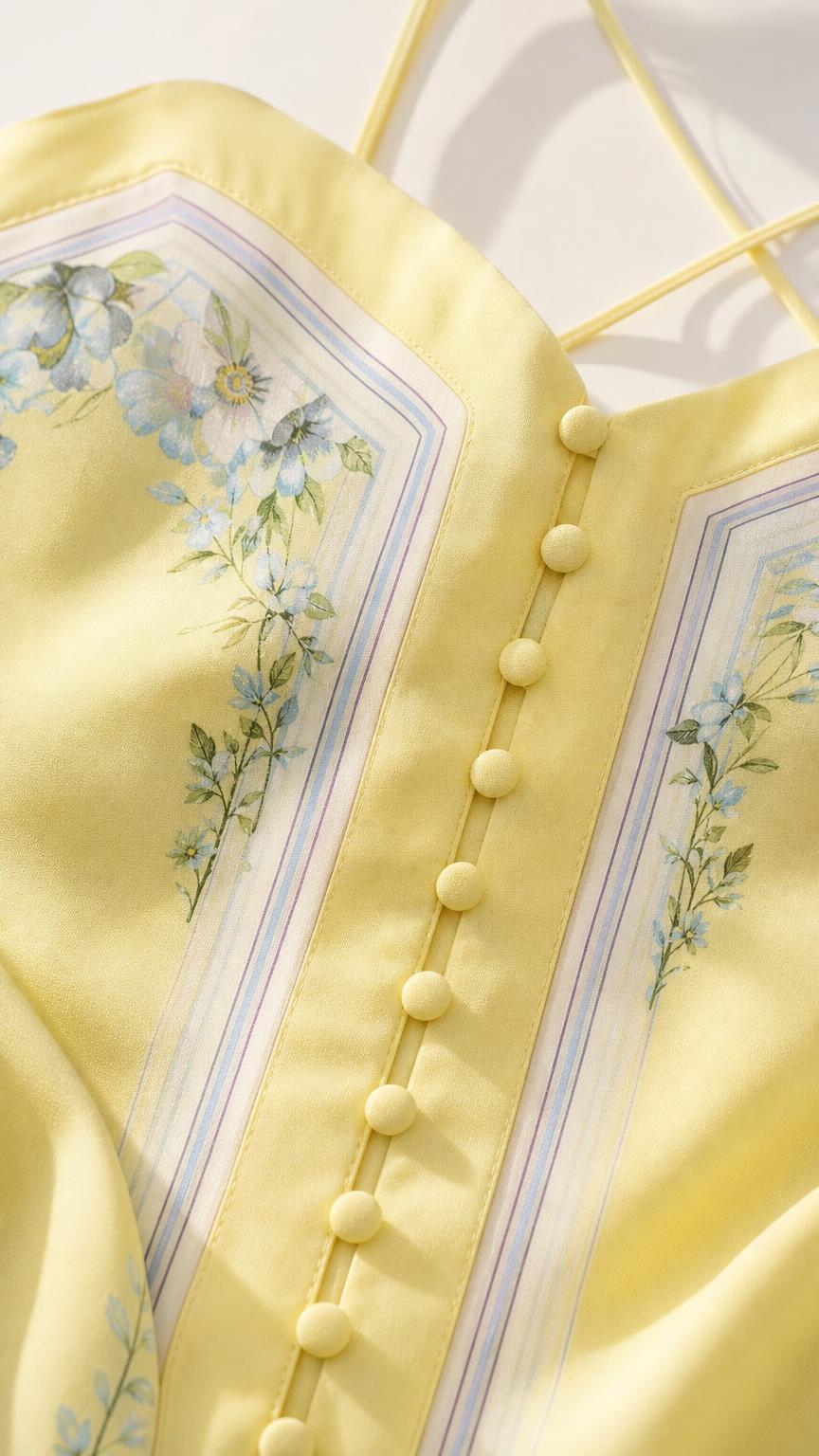 Close-up of fabric, buttons, and floral border print details on yellow dress