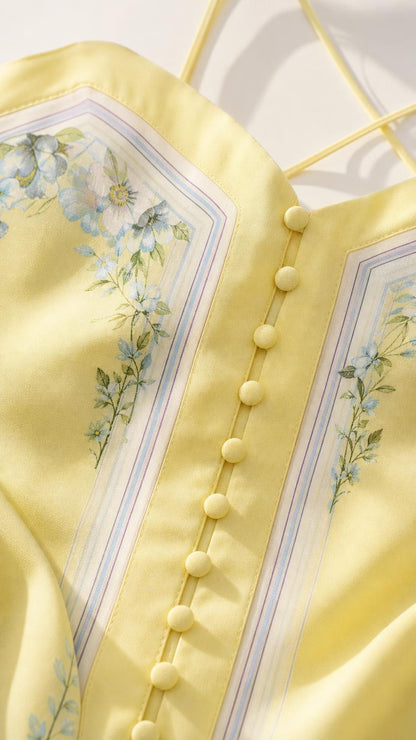 Close-up of fabric, buttons, and floral border print details on yellow dress