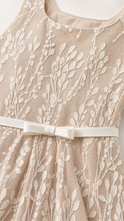 Close-up detail of lace texture and waist bow belt