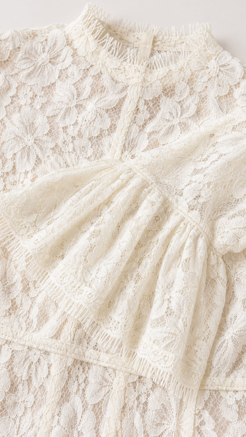 Close-up detail of white floral lace fabric and mock neckline