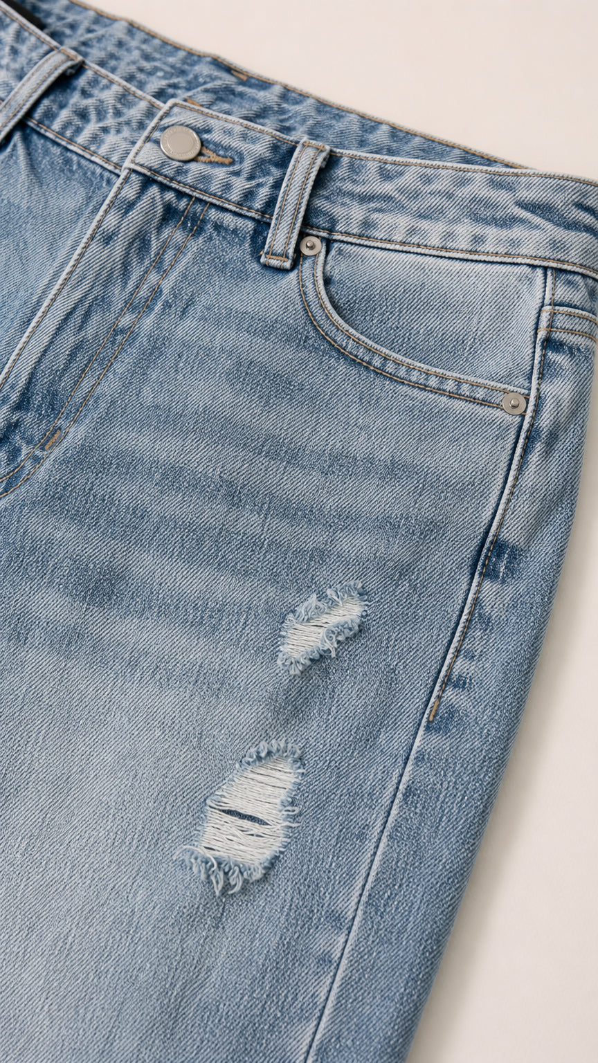 Close-up of distressed light wash denim jeans detailing