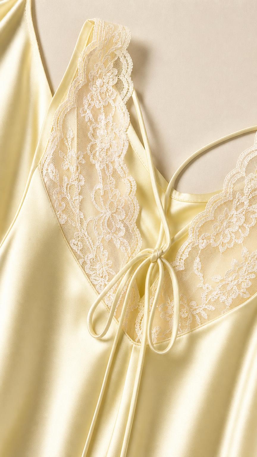 Close up of lace trim and cowl neckline on yellow dress