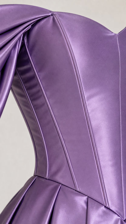Close-up of the lavender gown's structured bodice and gathered sleeve