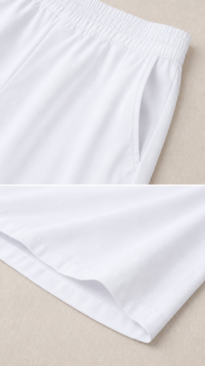 Close-up detail of elastic waistband, pocket, and bottom hem