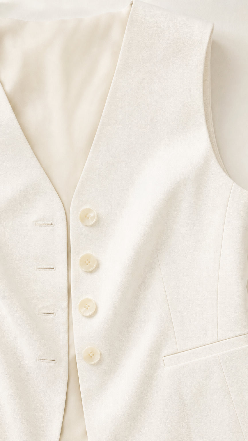 Close-up detail of white vest button closure and fabric texture
