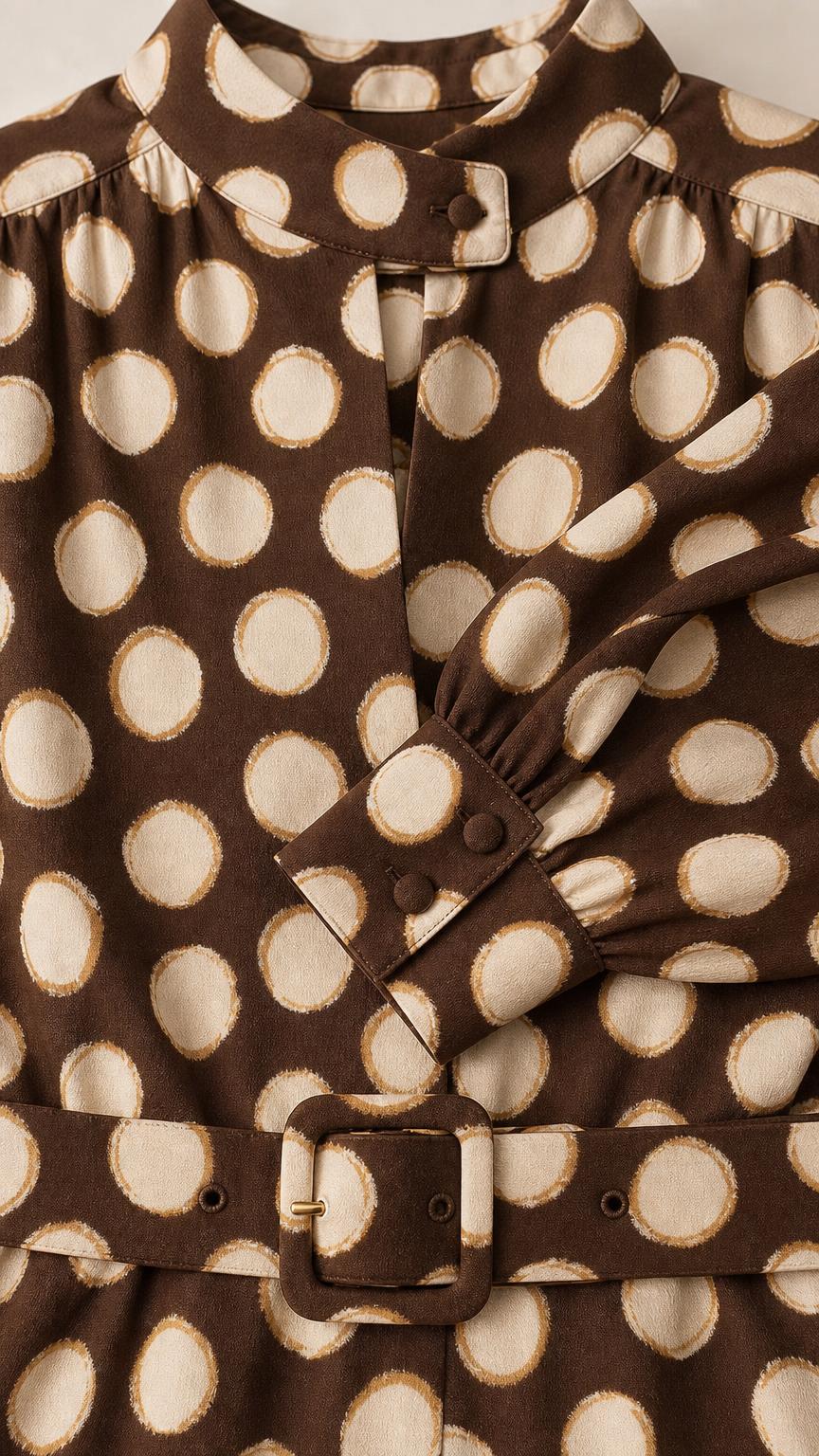 Close up of mock neck, button cuffs, and matching belt on brown polka dot romper