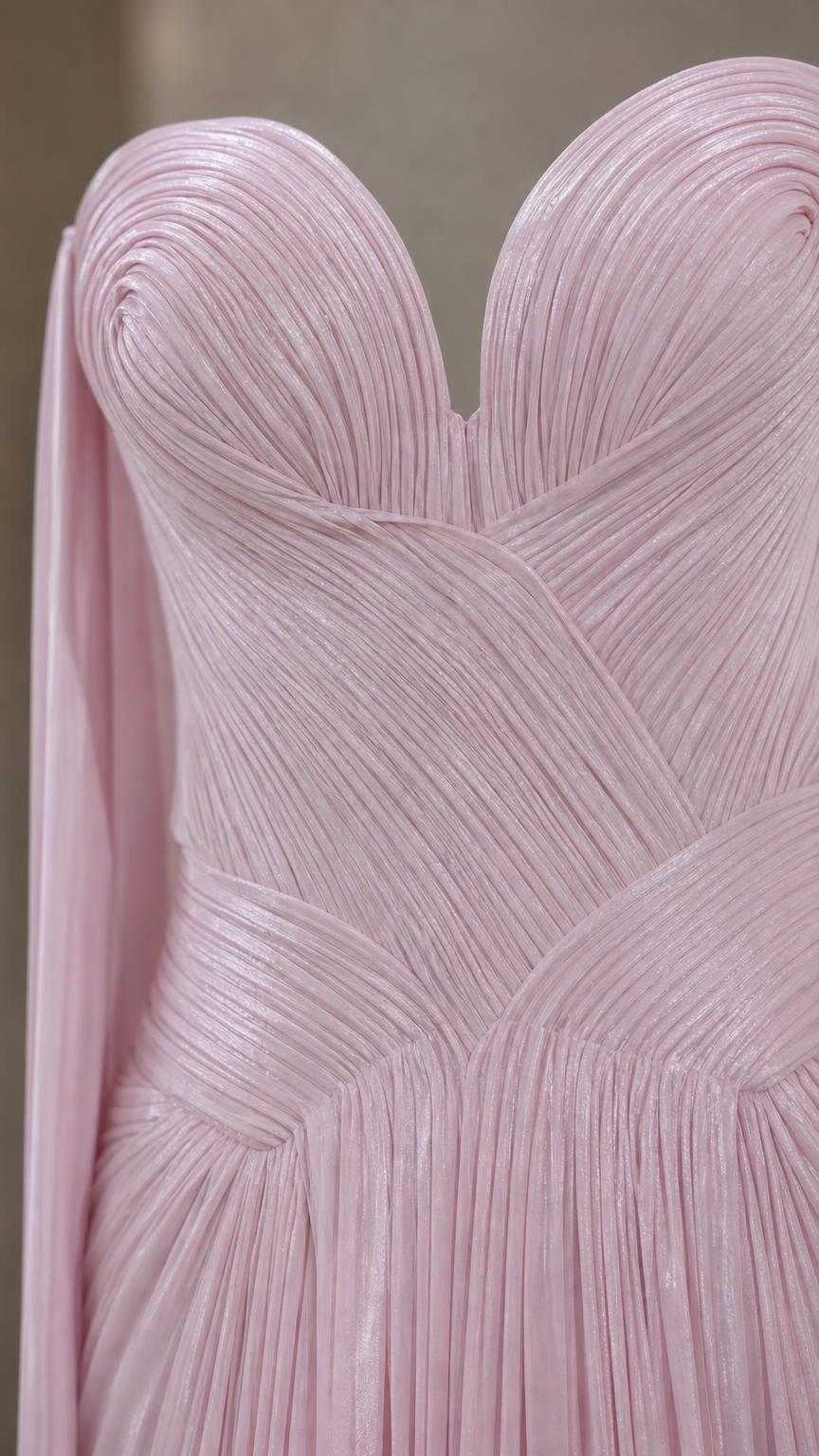 Close-up detail of sweetheart pleated bodice and neckline