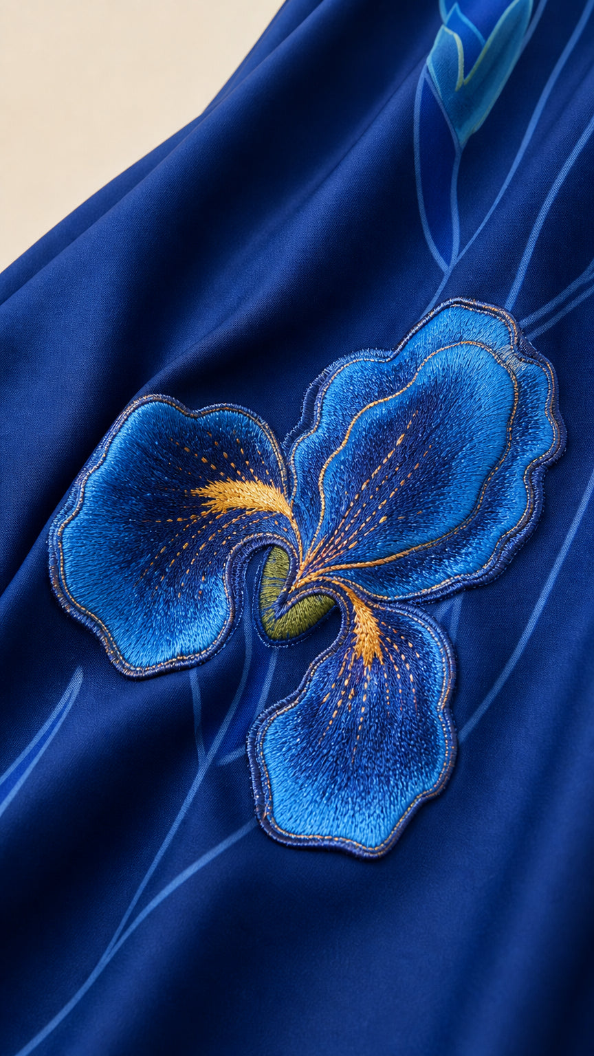 Close-up of textured blue iris floral embroidery on fabric