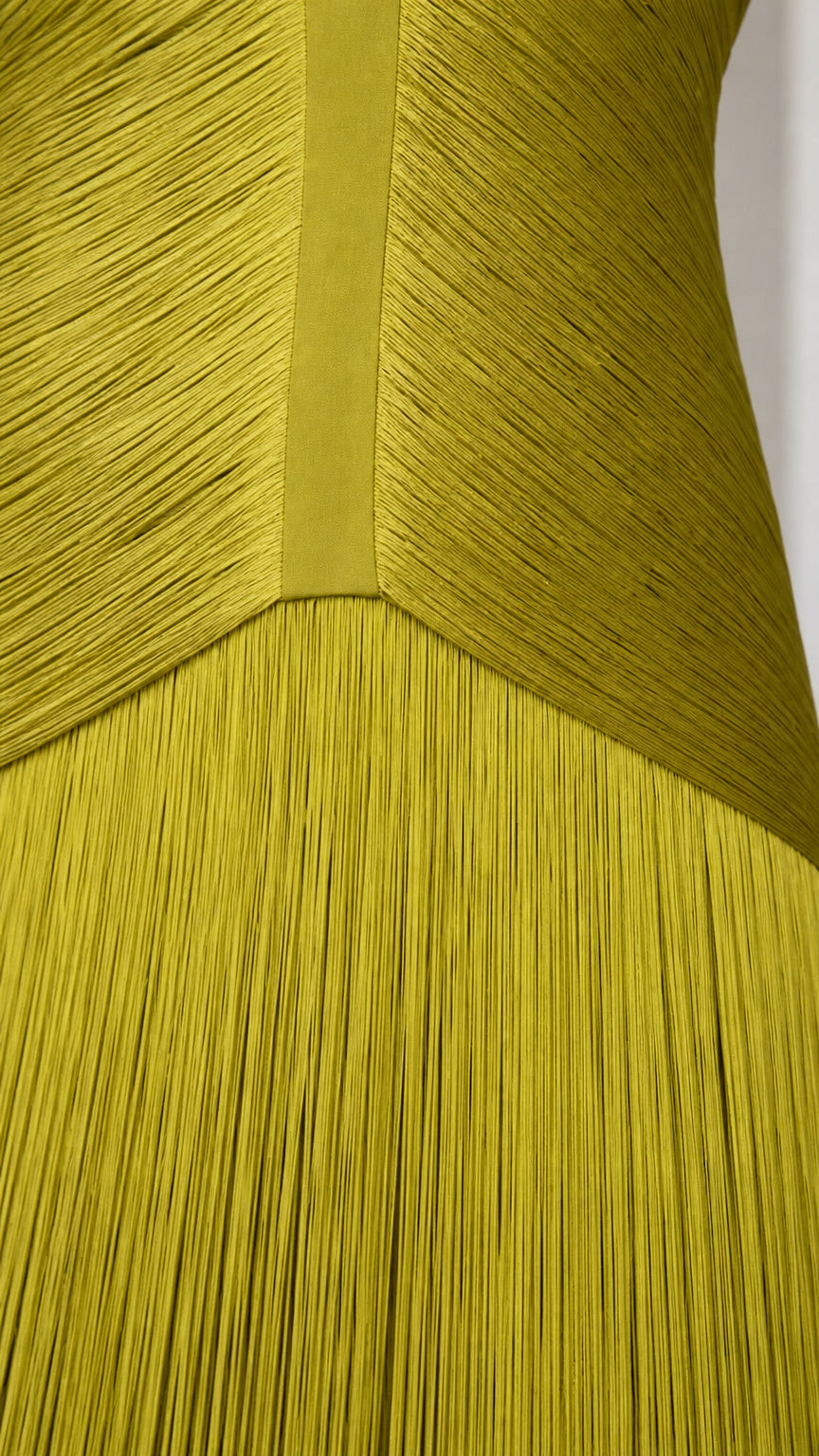 Close-up detail of textured bodice and fine fringe tassels on olive gold dress