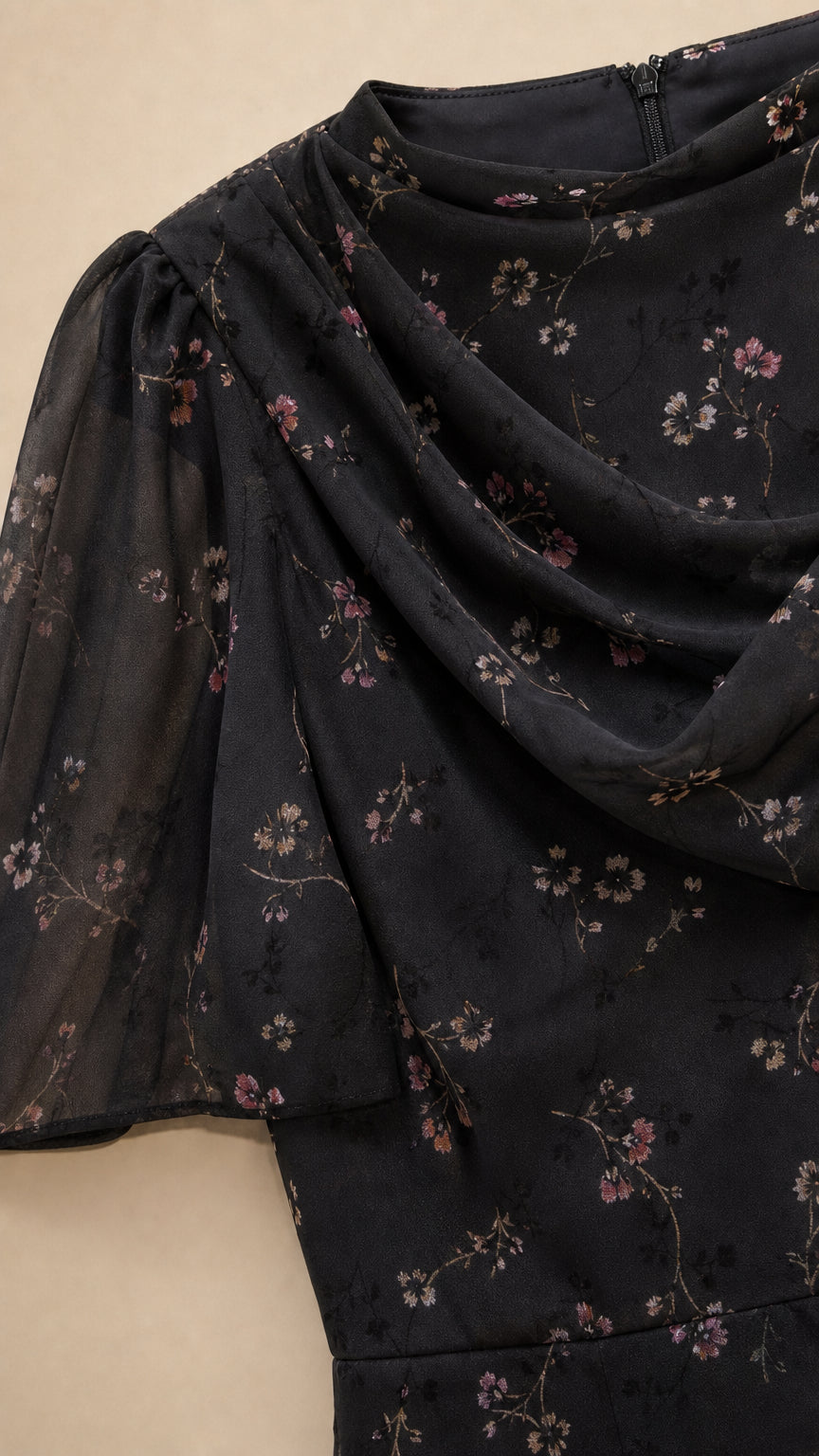 Close-up of Black floral draped cowl neckline and chiffon fabric texture