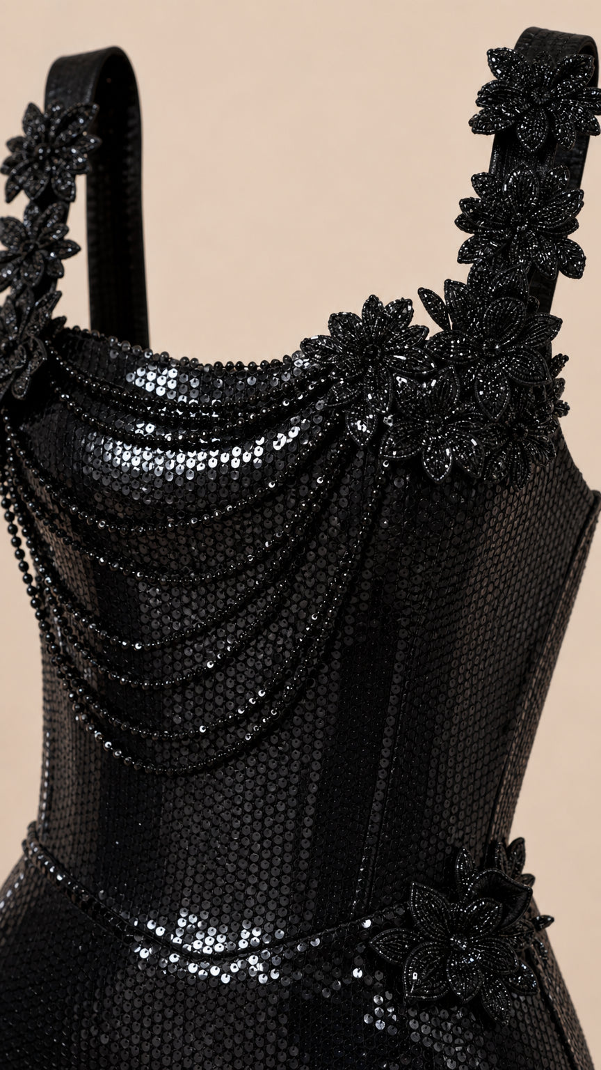 Close-up detail of beaded bodice and floral strap accents on black gown