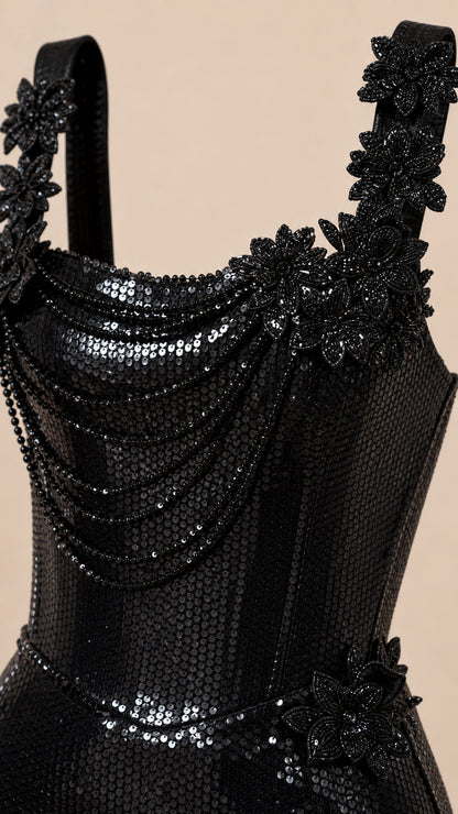 Close-up detail of beaded bodice and floral strap accents on black gown