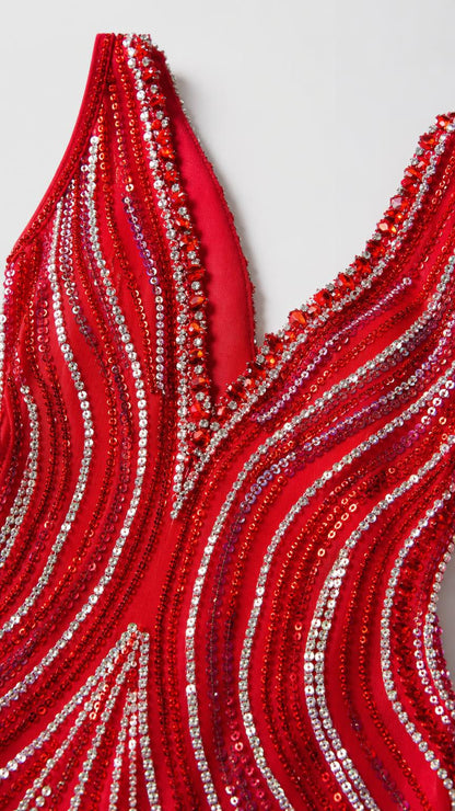 Close up detail of red sequin and bead embellishments