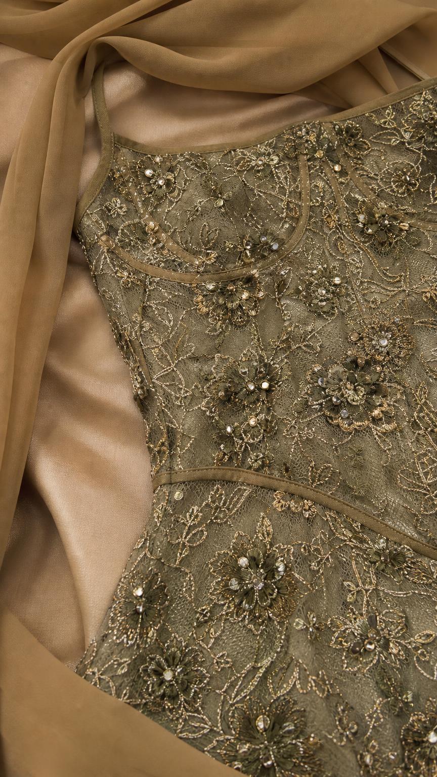 Close-up detail of embroidery and beadwork on the bodice
