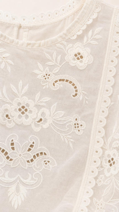 Close-up of floral embroidery and eyelet details on white dress