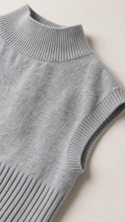 Close-up detail of grey mock neck and ribbed shoulder construction