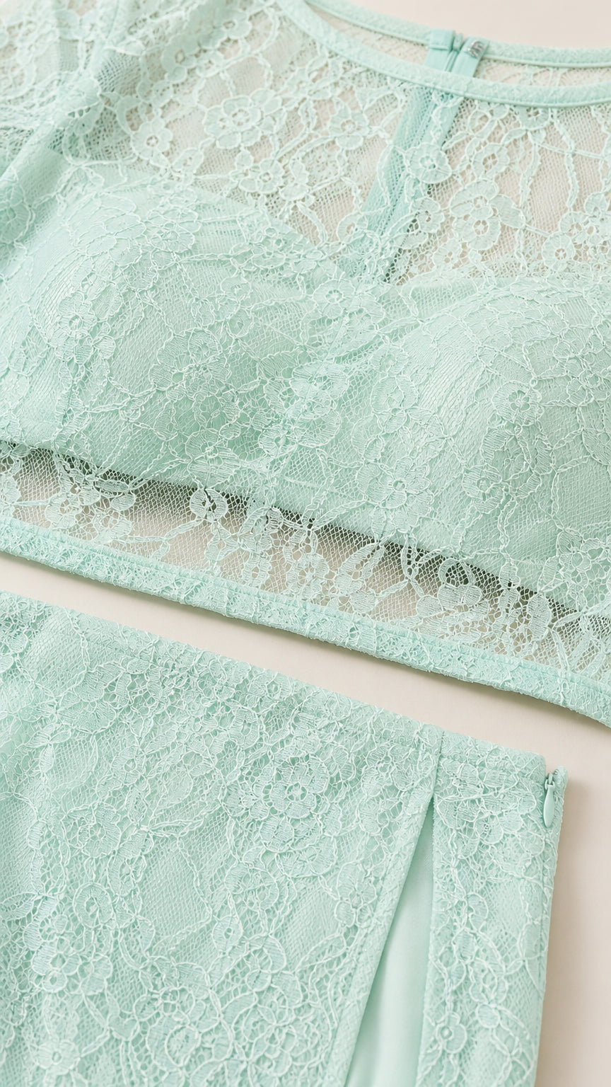 Close-up detail of mint floral lace texture and lining