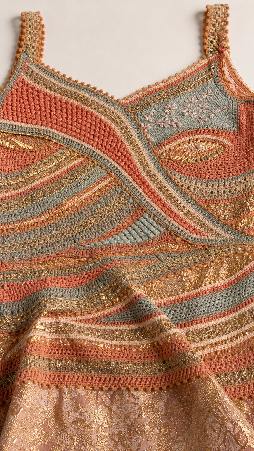 Close up of detailed embroidery and metallic threading on bodice
