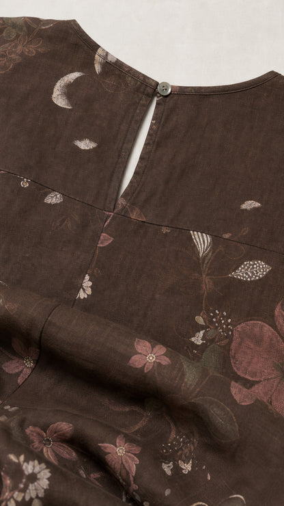 Close-up detail of back keyhole closure and floral fabric texture