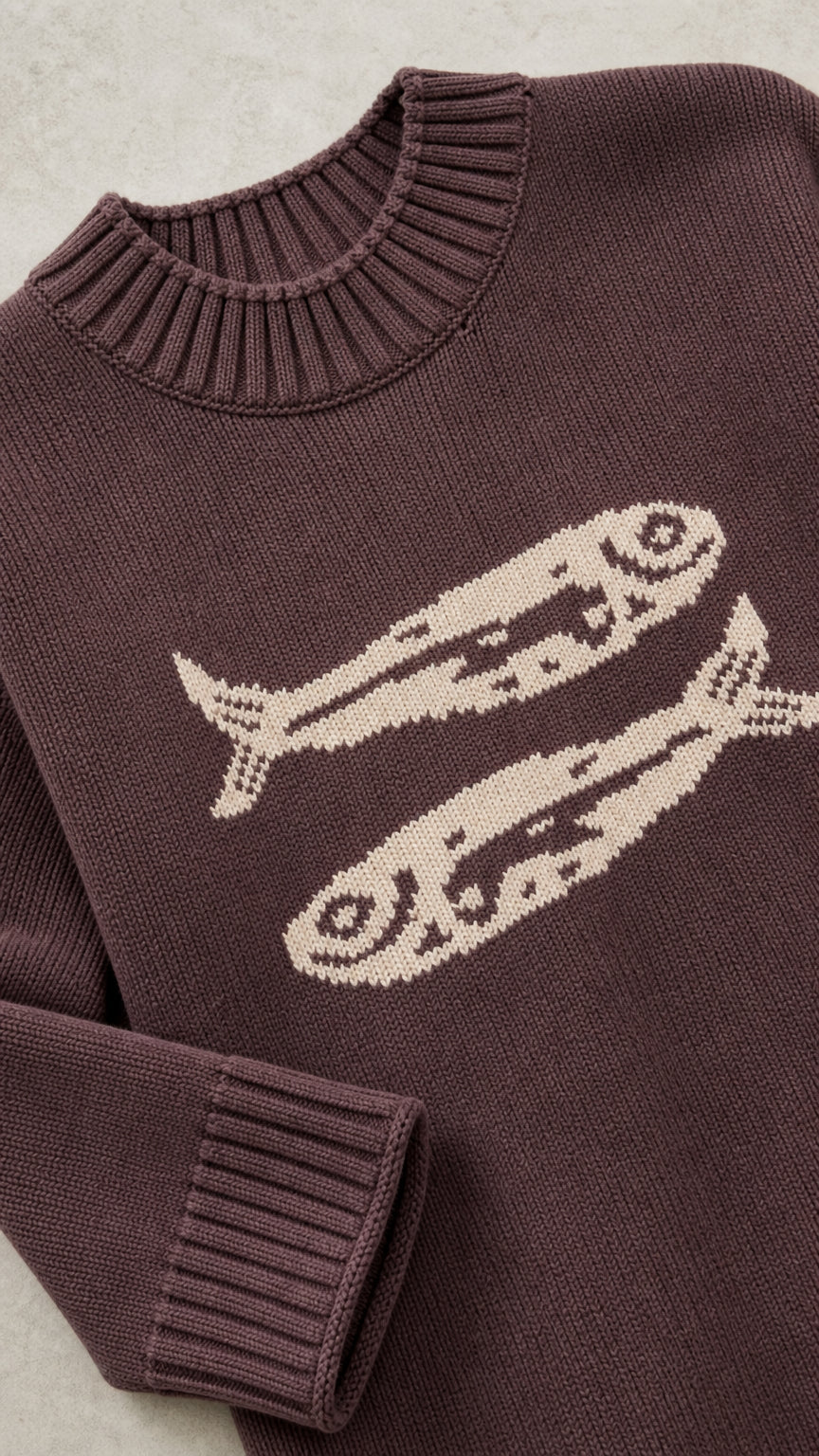 Close-up of Brown knit sweater neckline, ribbed collar, and knit fish graphic