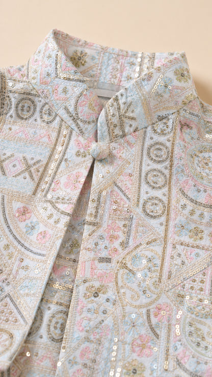 Close-up detail of Light Blue embroidered jacquard fabric and mandarin collar