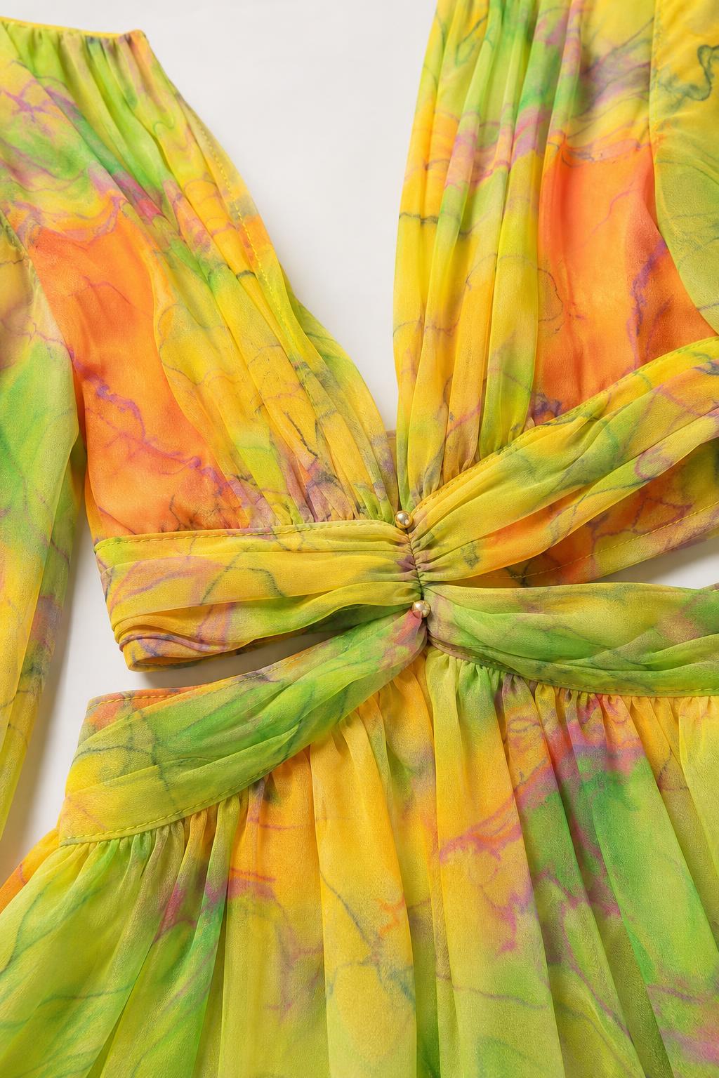 Close-up of front V-neck and knot detail
