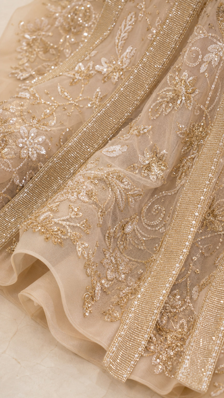Close-up detail of metallic embroidery and beadwork on fabric