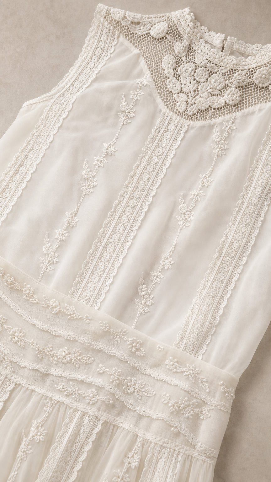 Close-up of crochet lace neckline and embroidered details