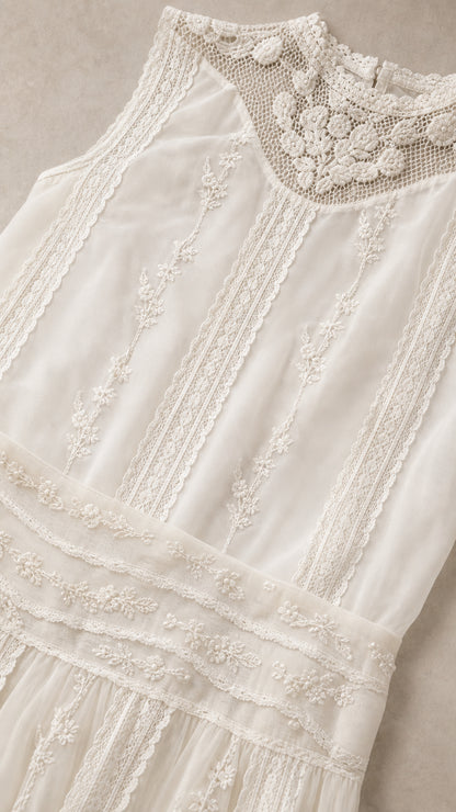 Close-up of crochet lace neckline and embroidered details