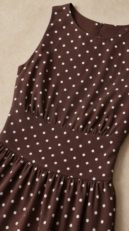 Close-up of bodice and fabric detail of brown polka dot dress