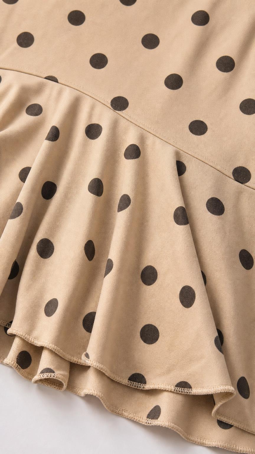 Close-up detail of beige fabric with dark polka dots and flared hem