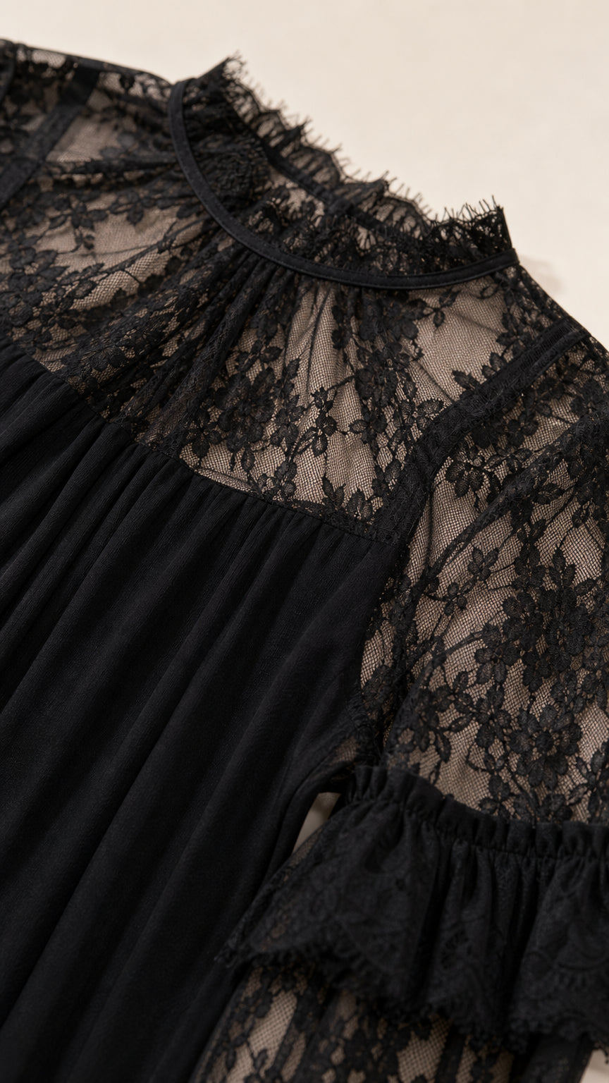 Close-up of high mock neckline and lace sleeve details