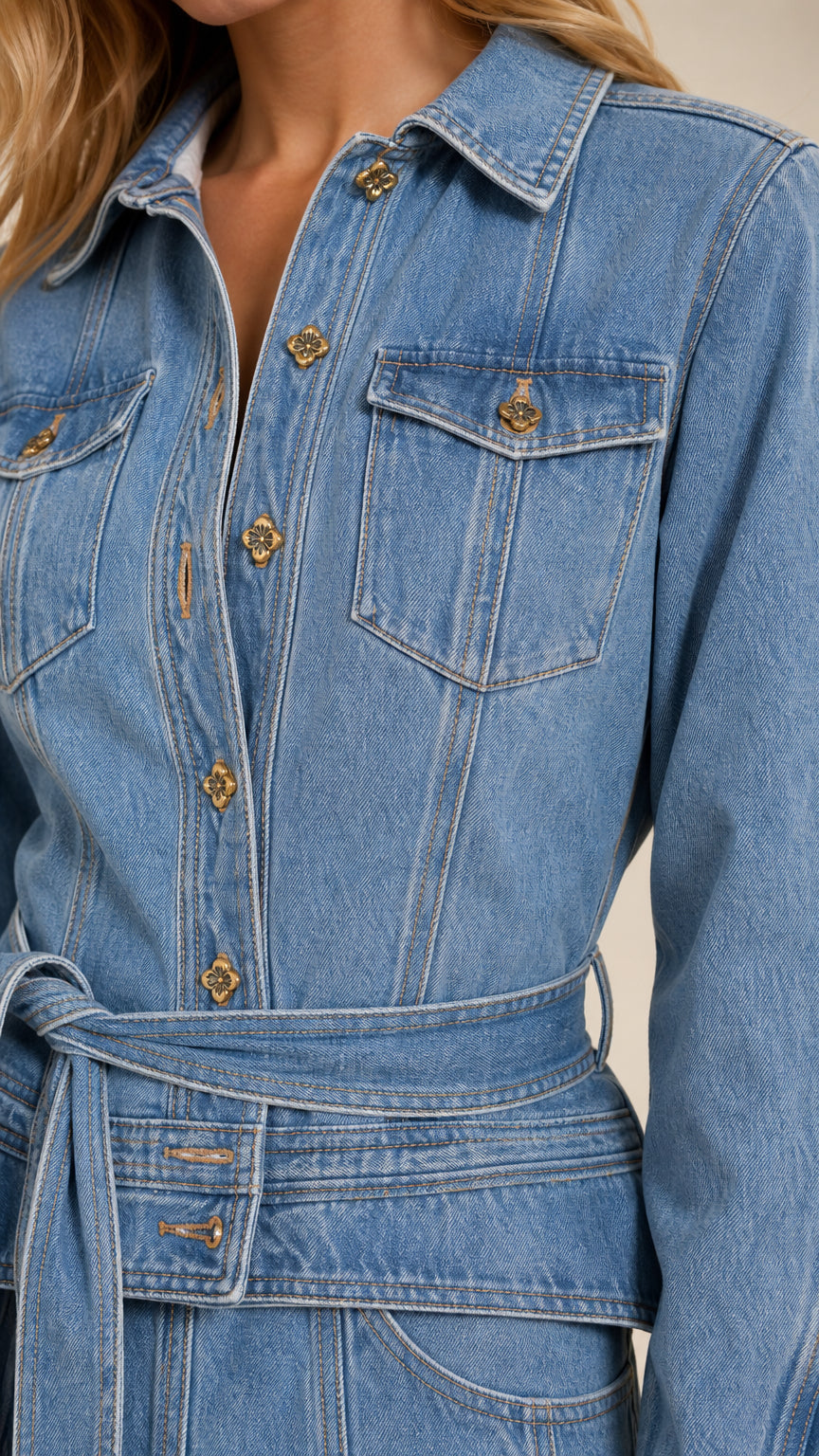 Close-up detail of ornate gold buttons and collar on Light Blue denim dress