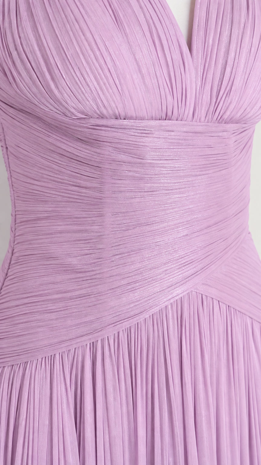 Close-up of bodice ruching and pleating detail in lavender