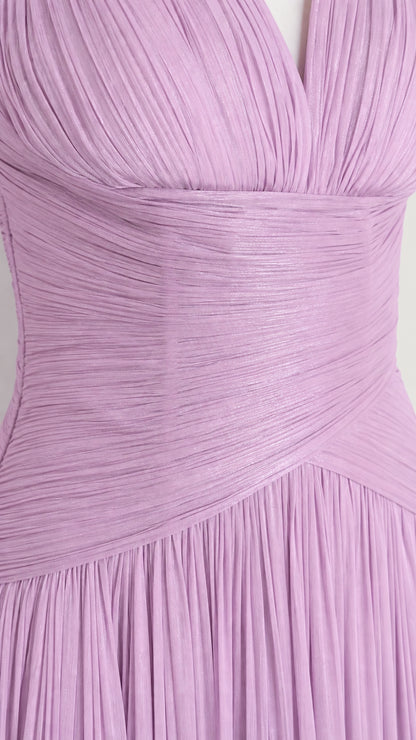 Close-up of bodice ruching and pleating detail in lavender