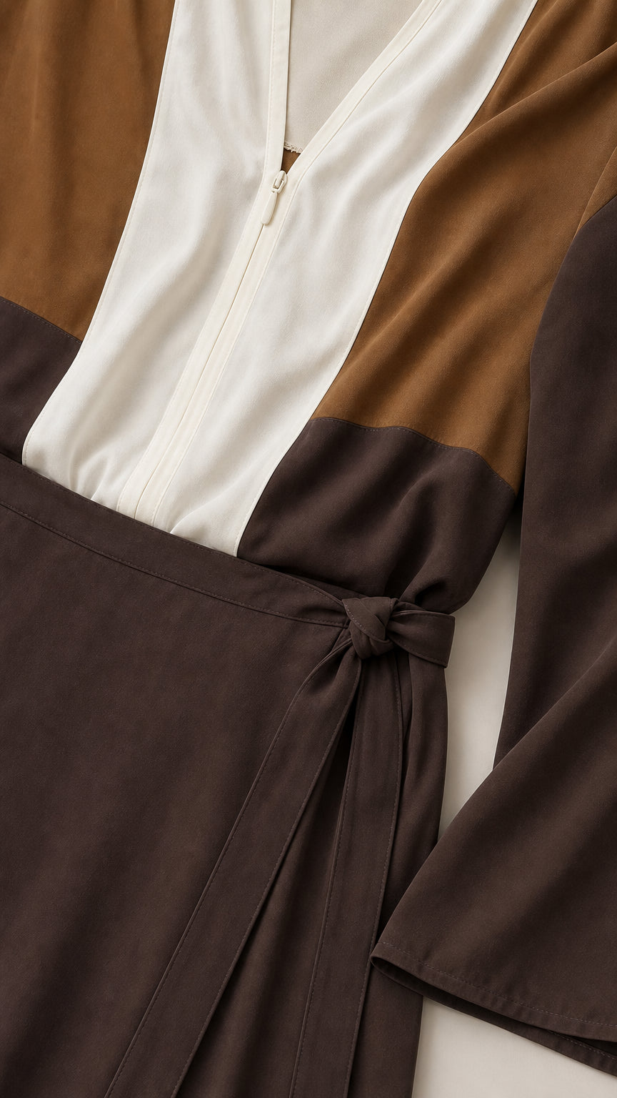 Close-up detail of bodice zipper and tie waist on brown colorblock maxi dress